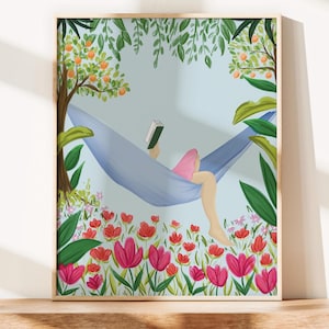 Relaxing Hammock Art Print | Peaceful Garden Decor | Reading in Nature Illustration | Floral Tranquility Wall Art | Self-Care Decor