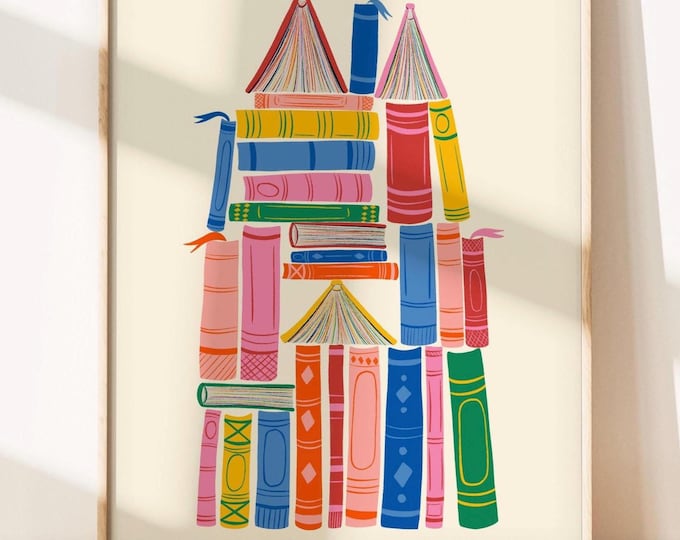 Book Castle, Book Art, Nursery Room Reading Art, Classroom Art, Gift For Reader, Colorful Kids Room, Reading Nook Art
