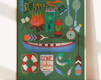 Happy Camper Adventure Art Print | Vibrant Camping Decor | Into the Wild Illustration | Outdoor Fun Wall Art | Fishing & Canoe Decor