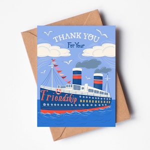 Nautical Thank You Card for Friend – Vintage Boat Friendship Greeting Card – Cruise Ship Ocean Theme – Unique Best Friend Card