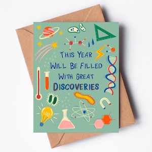 Tarjeta de felicitación con temática científica "Grandes Descubrimientos", tarjeta de regreso a clases, tarjeta inspiradora para estudiantes y maestros, idea de regalo para la vuelta al cole.