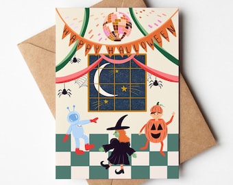 Tarjeta de felicitación para fiesta de Halloween: Bruja, Astronauta, Calabaza