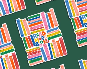 May include: Colorful sticker with a stack of books arranged in a diamond shape. The text "READ MORE BOOKS" is written in a colorful, playful font.