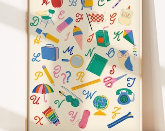 School Supplies Alphabet Wall Art Print, Abc Chart, Nursery Room Alphabet Art, Classroom Alphabet, School Supplies Art, Colorful Kids Room