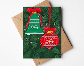 Holly Jolly Christmas Greeting Card, Holiday Card, Colorful Christmas Card Set, Modern Illustrated Holiday Card Set, Retro Christmas Card,