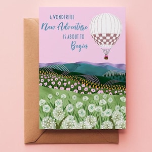 Nieuwe avontuurlijke wenskaart – heteluchtballon bloemenlandschapskaart voor babyshower, bruiloft, afstuderen, pensioen of cadeau voor een nieuw hoofdstuk