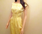 Vintage 50s Yellow Satin Evening Dress. Old Hollywood Open Back Gown. Jacquard Long Formal Evening Dress. Mad Men Long Pencil Wiggle Dress 0