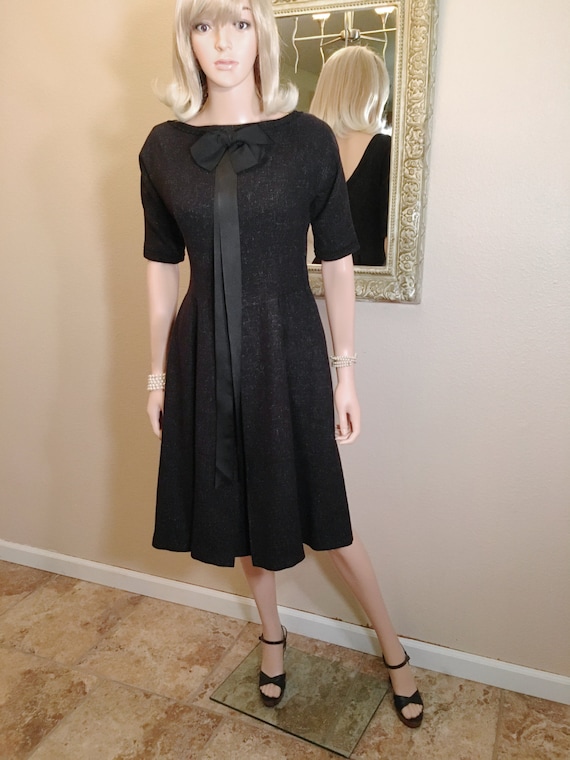 1950s Black Day Dress with POCKETS! Speckled Wool