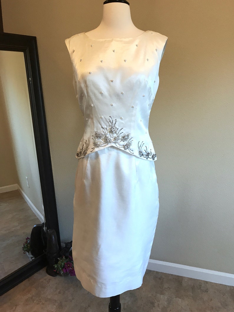 60s Mad Men Cocktail Dress 8 Ivory Raw Silk Retro Bride Second Wedding Suit Skirt Beaded Top High Waist A-line Evening Skirt by Elinor Gay