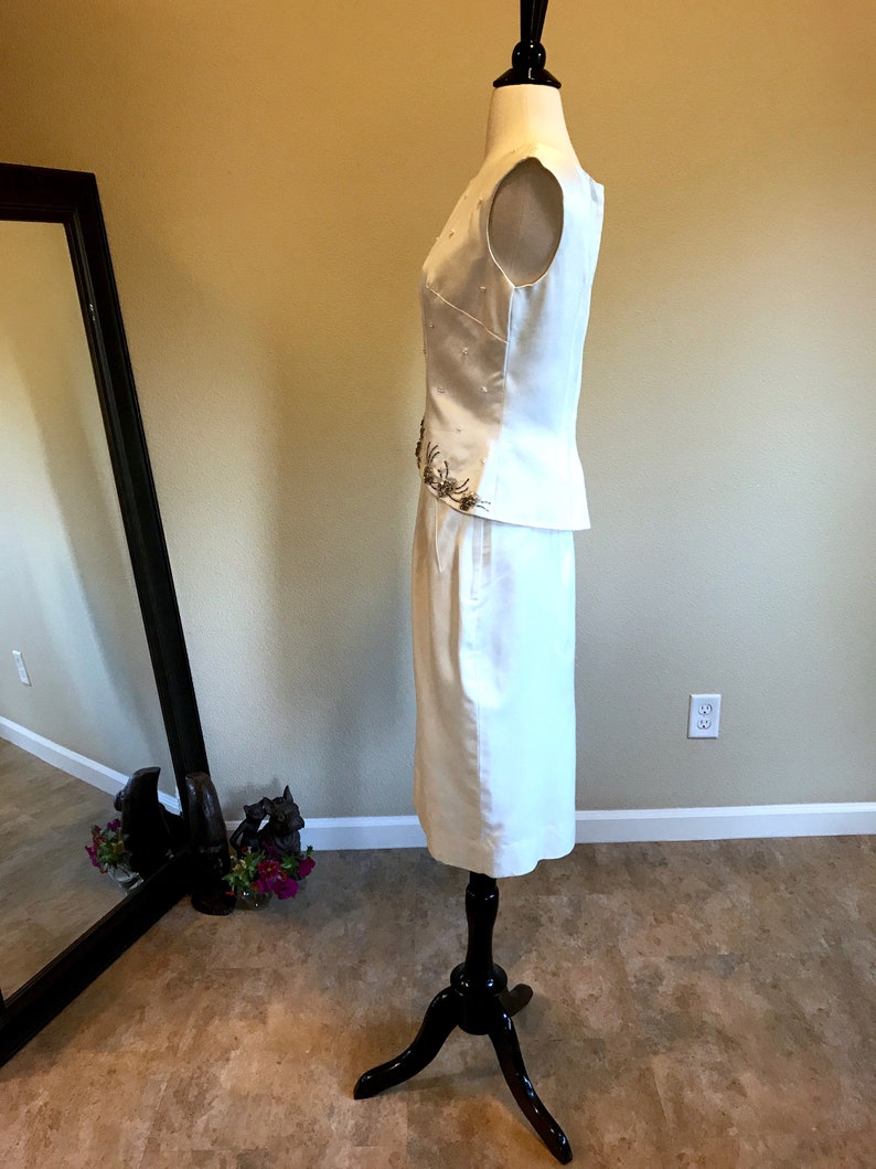 60s Mad Men Cocktail Dress 8 Ivory Raw Silk Retro Bride Second Wedding Suit Skirt Beaded Top High Waist A-line Evening Skirt by Elinor Gay
