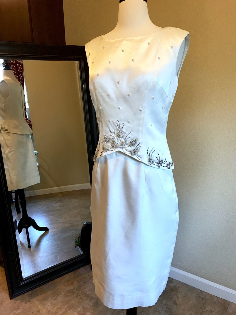 60s Mad Men Cocktail Dress 8 Ivory Raw Silk Retro Bride Second Wedding Suit Skirt Beaded Top High Waist A-line Evening Skirt by Elinor Gay