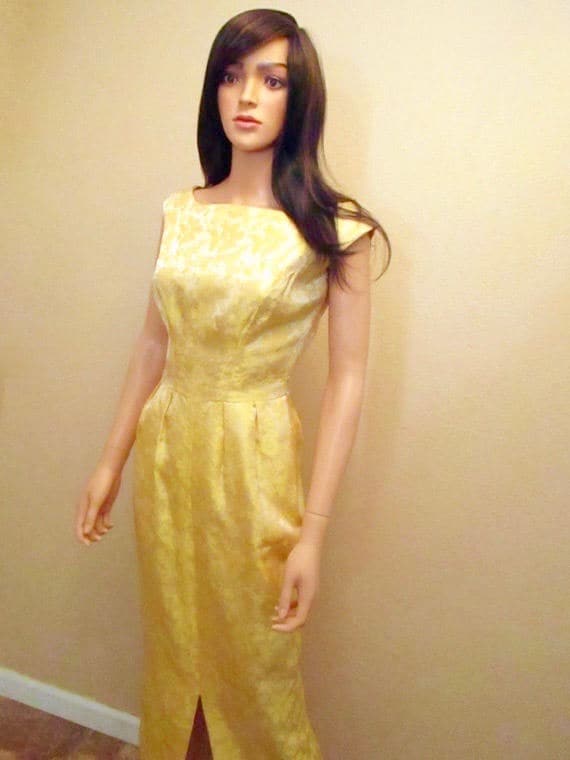 Vintage 50s Yellow Satin Evening Dress. Old Hollyw
