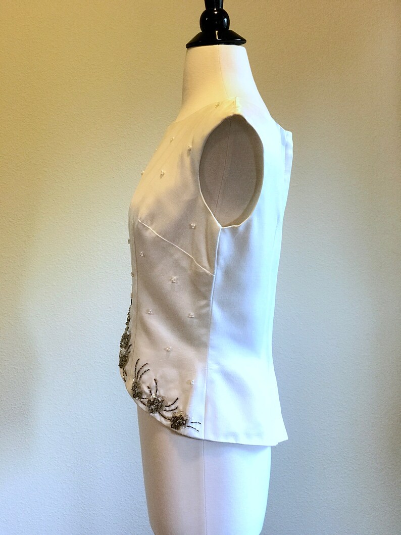 60s Mad Men Cocktail Dress 8 Ivory Raw Silk Retro Bride Second Wedding Suit Skirt Beaded Top High Waist A-line Evening Skirt by Elinor Gay