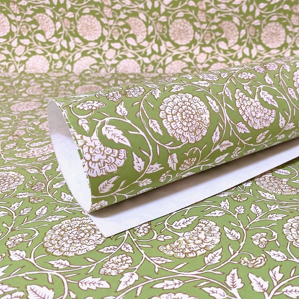Feuille de papier fait main chiffon en coton recyclé - Jaipur floral (vert, 165 g/m²)