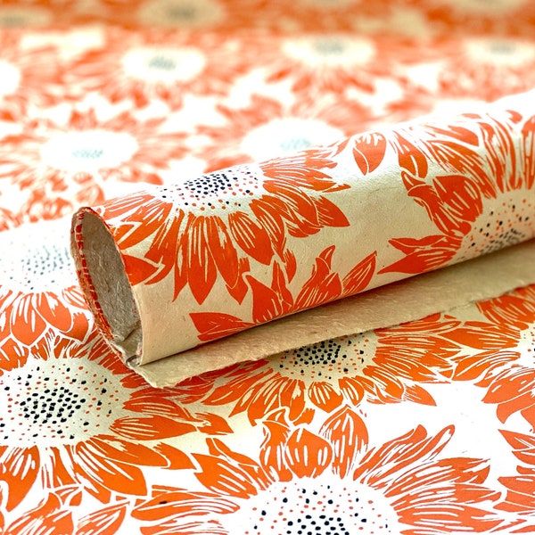 Handmade Lokta Paper Sheet - Bright Orange Sunflowers (55 gsm)