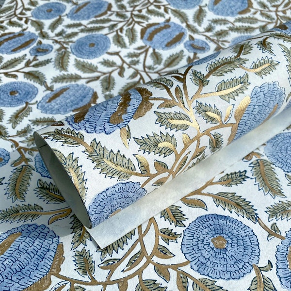 Recycled Cotton Rag Paper Hand Block Printed Sheet - Marigold Glitz (Blue Stone)