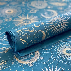 Handmade Lokta Paper Sheet - Zodiac UFO Sun and Moon (Dark Teal)