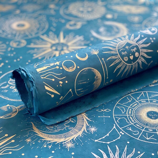 Handmade Lokta Paper Sheet - Zodiac UFO Sun and Moon (Dark Teal)