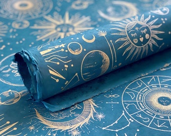 Handmade Lokta Paper Sheet - Zodiac UFO Sun and Moon (Dark Teal)