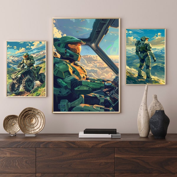 Halo Master Chief Bundle in Digital Printable Poster Set | Mongoose, Pelican and Heroic Stance | Video Game Prints, Wall Art, Decor, & Gifts