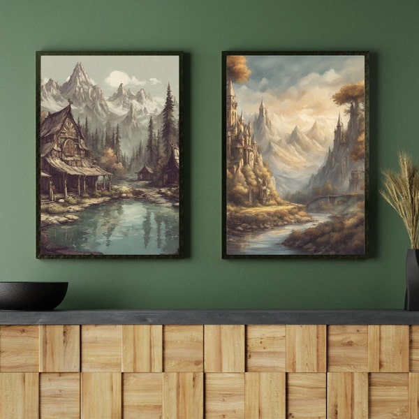 Ensemble d’impression numérique de paysages Skyrim Elder Scrolls | Paysages du jeu fantastique Elder Scrolls | Décoration murale