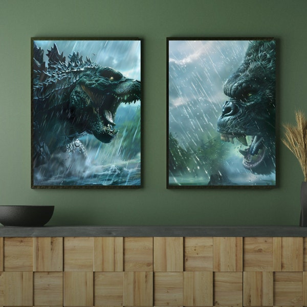 Digital King Kong Versus Godzilla in Printable Poster Set | Kong X Godzilla in Sea Face-Off | Movie Prints, Decor, Wall Art, and Gifts