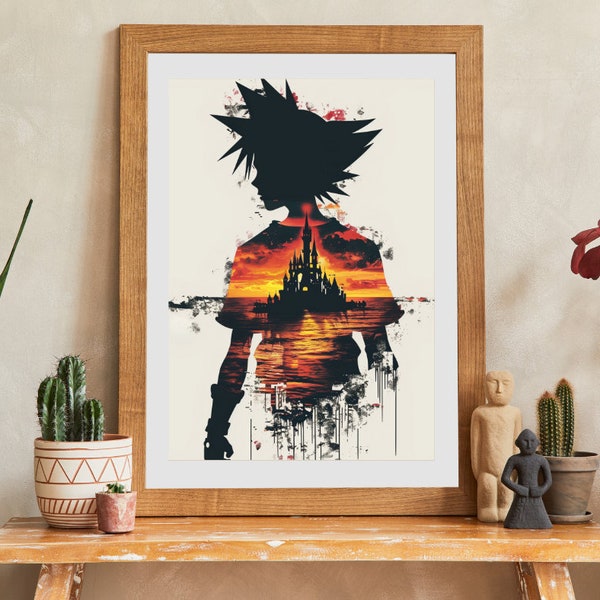 Digital King Hearts Sora Silhouette | Printable Kingdom Hearts Video Game Poster | Wall Decor and Gifts