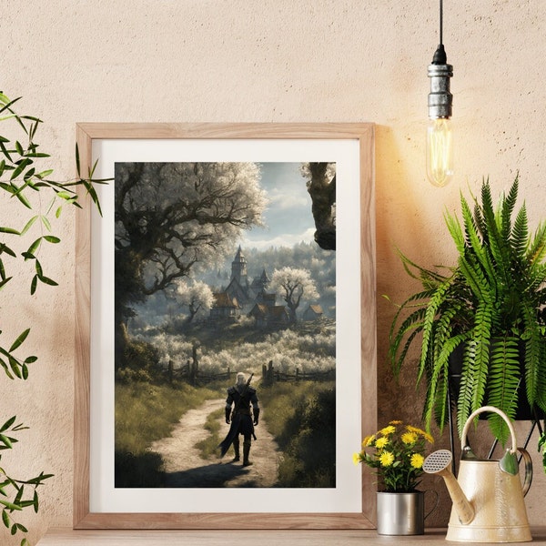 Digital Witcher Poster Print | Geralt of Rivia at White Orchard Village Art