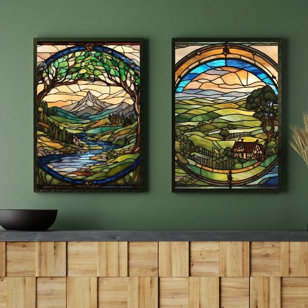 Digital Print Bundle of Lord of The Rings Stained Glass Style Posters | LOTR Hobbiton Shire & Middle Earth in Geometric Glass