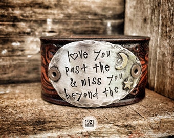 Love you past the moon… - hand stamped - leather belt bracelet
