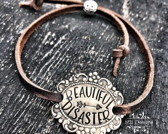 Beautiful Disaster - leather ankle bracelet - hand stamped