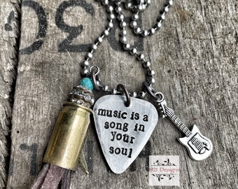 Music is a song in your soul - hand stamped - guitar pick necklace