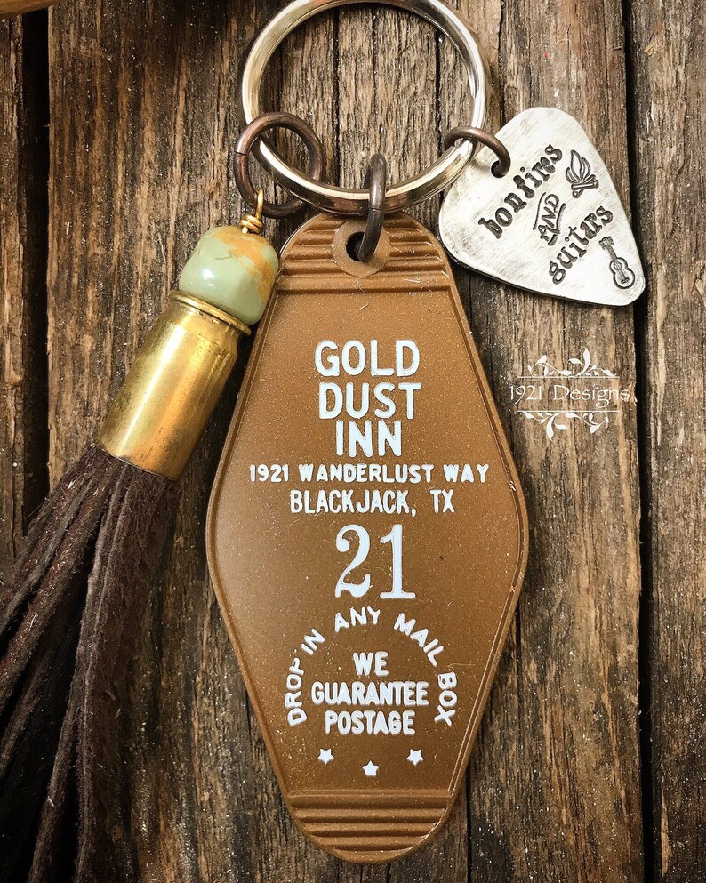 Bonfires and guitars motel fob key chain hand stamped