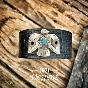 Brass thunderbird with turquoise - hand made leather bracelet