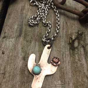 Cactus coral turquoise copper rose pendant necklace - hand made