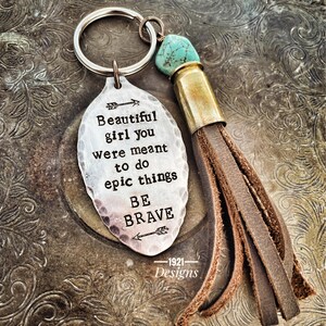 Hand Stamped Vintage Spoon Keychain – Leather Tassel, Motel Fob