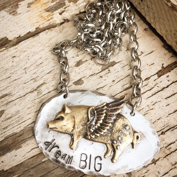 Dream big - hand stamped jewelry - flying pigs - vintage flatware