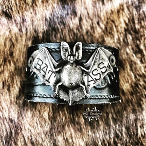 Bat ass - hand stamped on brass bat - leather belt bracelet