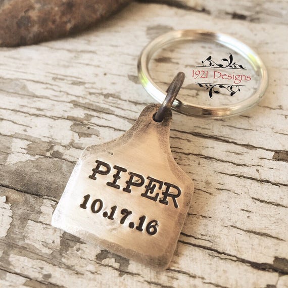Bronze Cow Tag Key Chain Hand Stamped