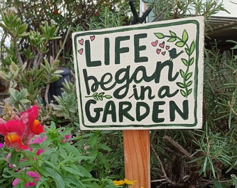 Christian Garden Sign Life Began in A Garden Gift Flower Gardener Gift