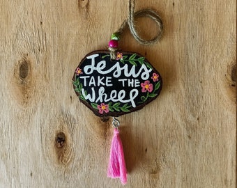 Hand Painted Wood Slice Car Charm, Jesus Take The Wheel, Tassel Ornament
