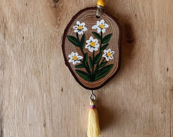 Daisy Wood Slice Car Charm, Handmade Rearview Mirror Tassel Ornament