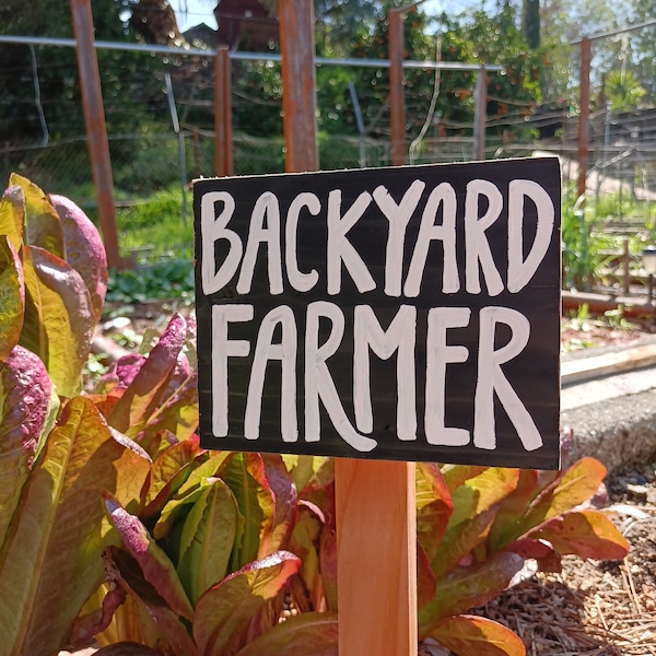 Backyard Farmer Garden Sign, Rustic Reclaimed Wood Vegetable Stake