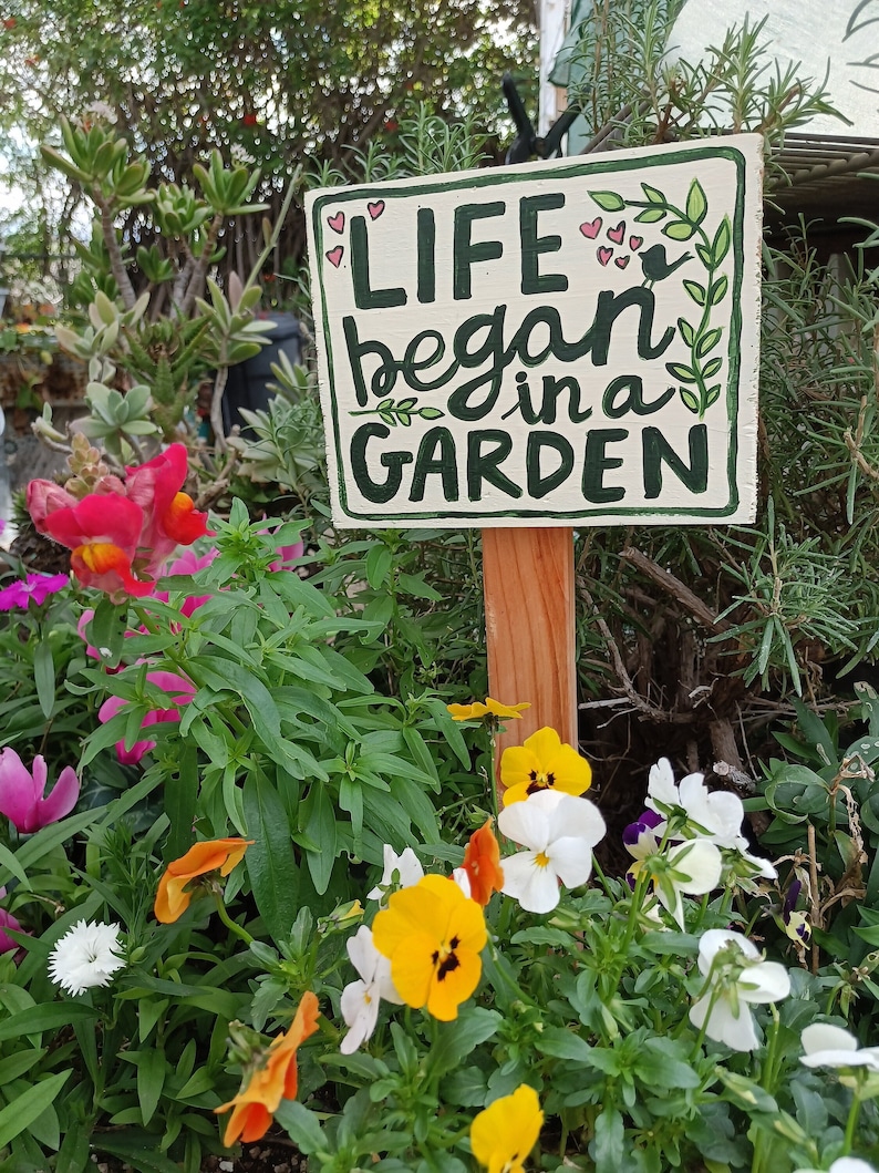 Christian Garden Sign Life Began in A Garden Gift Flower Gardener Gift image 1