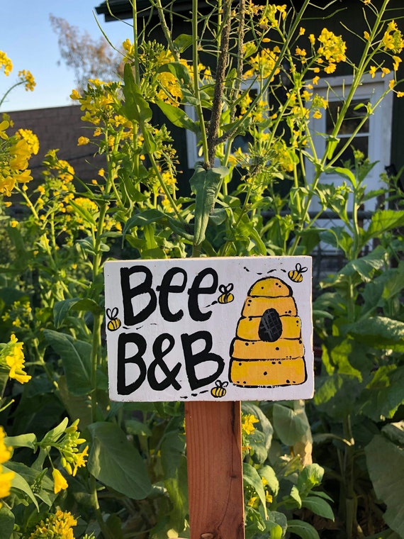 Bee B&B Garden Sign, Hand Painted Wood, Beekeeper Gift