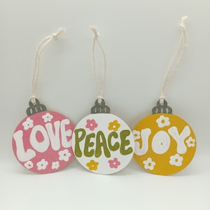 Groovy Retro Christmas Ornament Set, Love Joy Peace 70&#39;s Holiday Gift Tag Present Topper