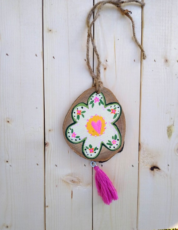 Boho Wood Car Charm, Flower Rearview Mirror Ornament with Tassel