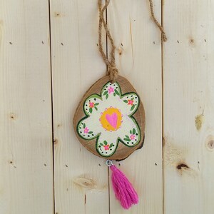 Boho Wood Car Charm, Flower Rearview Mirror Ornament with Tassel image 2
