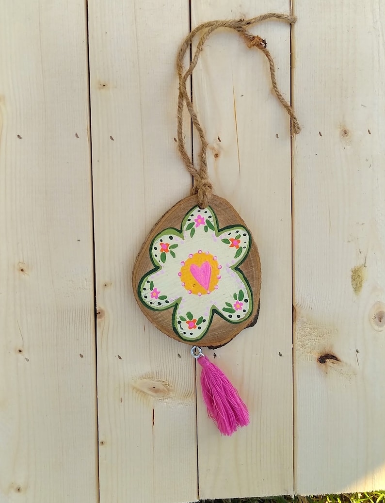 Boho Wood Car Charm, Flower Rearview Mirror Ornament with Tassel image 2