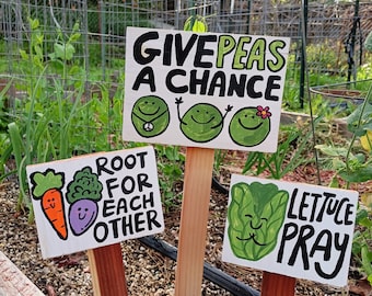 May include: Three wooden garden signs with hand-painted illustrations and messages. The first sign says "Give Peas a Chance" with three cartoon peas. The second sign says "Root for Each Other" with a cartoon carrot, broccoli, and eggplant. The third sign says "Lettuce Pray" with a cartoon lettuce.